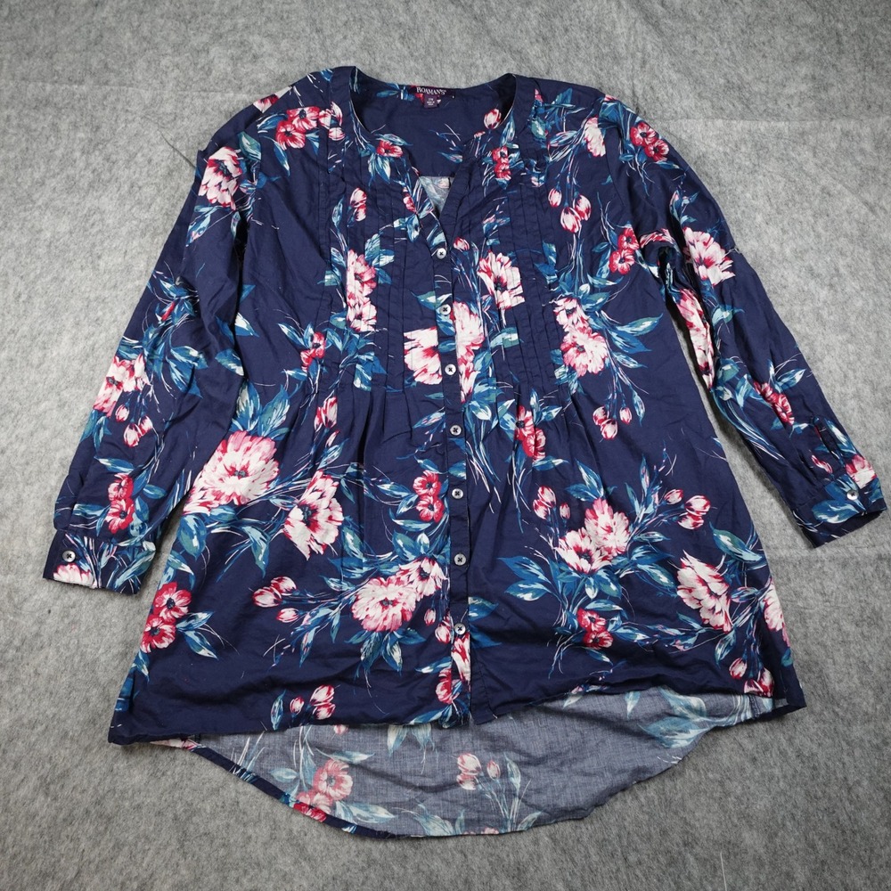 Roamans Top Women Size 22W Navy Blue Floral Cotton Pintuck Button Front Tunic